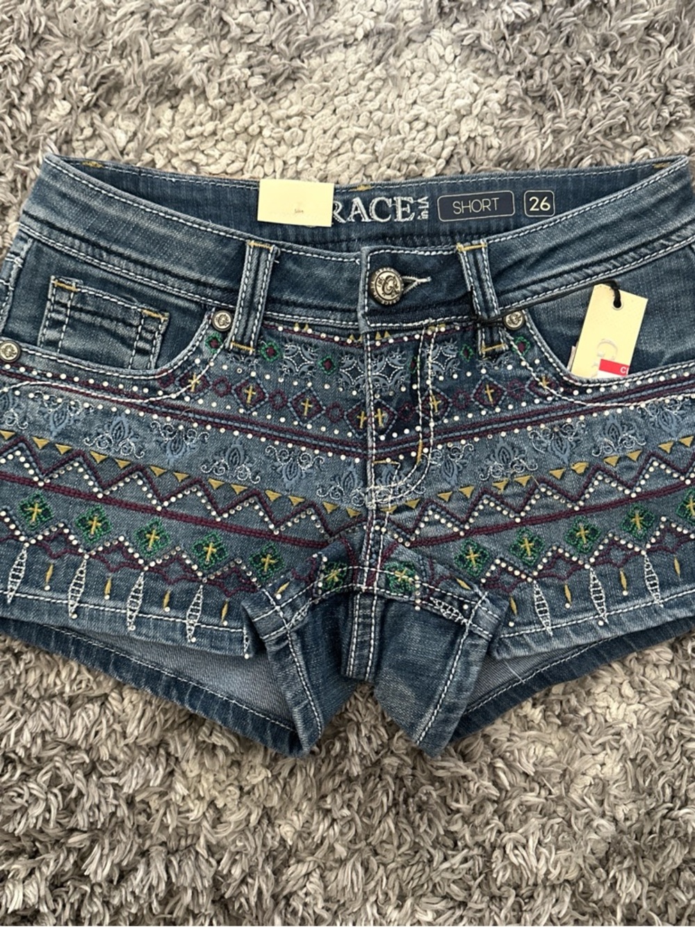 Grace in LA Embroidered Blue Denim Jean Shorts